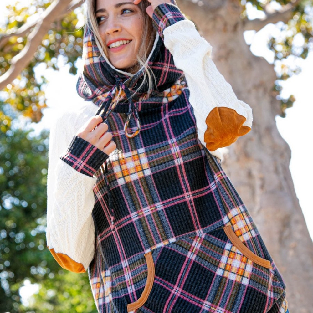 Multicolor Plaid Cable Knit Elbow Pad Hoodie